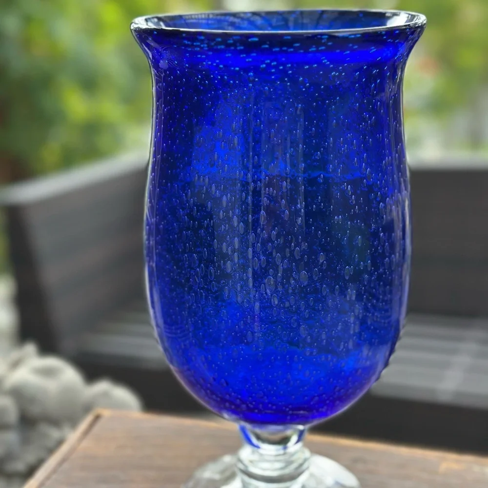 Cobalt Blue Bubbled Glass Vase or Candle Holder